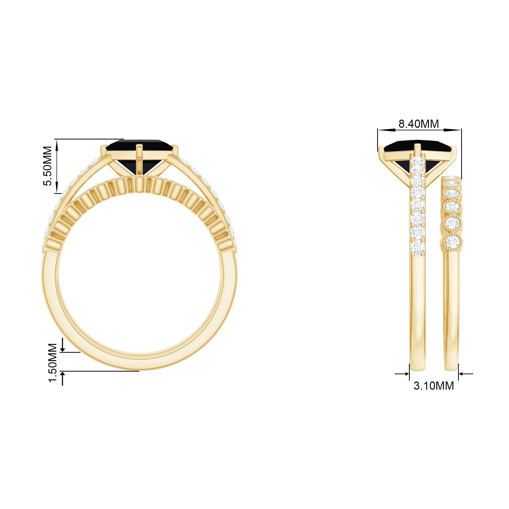 Solitaire Black Diamond and Moissanite Ring Set with Beaded