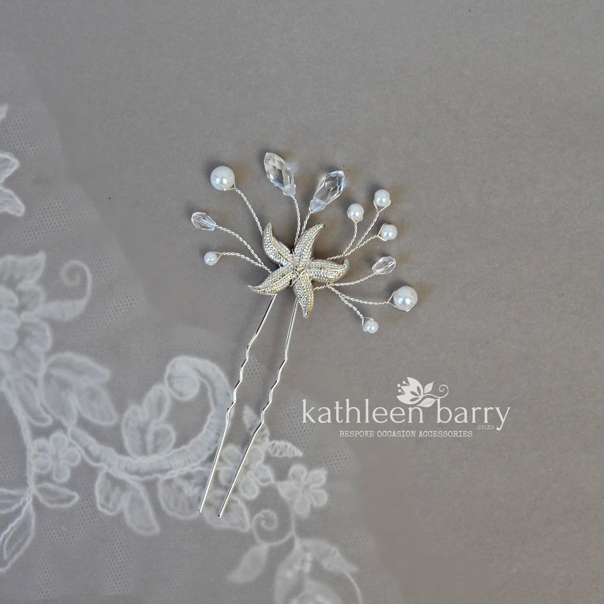 Starfish hair pin, crystal and pearl - sea star beach wedding - Sold Individually