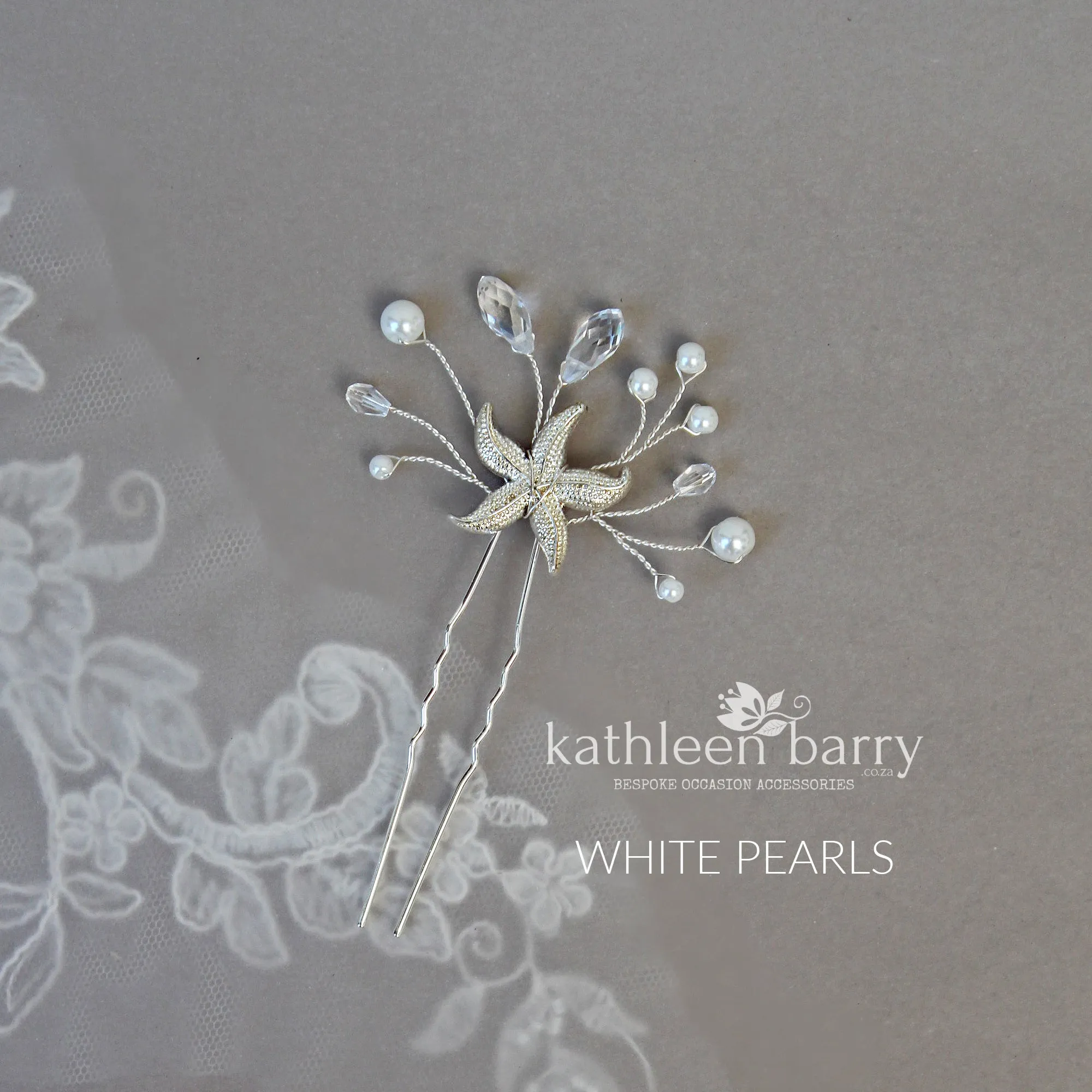 Starfish hair pin, crystal and pearl - sea star beach wedding - Sold Individually
