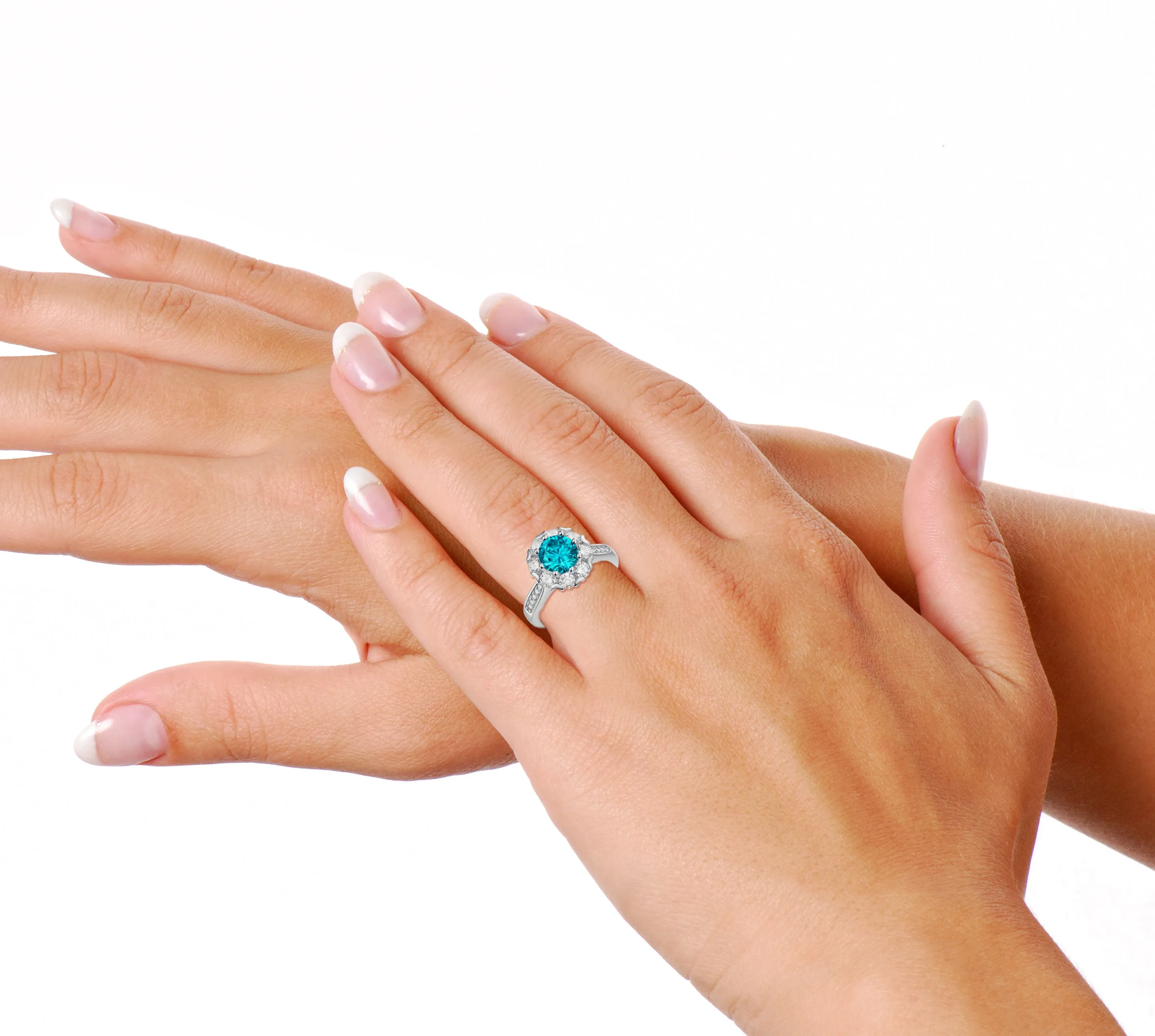 Sterling Silver with 1.8ctw Blue Topaz & Lab Created Moissanite Halo Cluster Adjustable Engagement Anniversary Promise Birthstone Ring