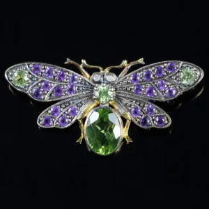 Suffragette Butterfly Brooch Amethyst Peridot Diamond 18Ct Gold Silver