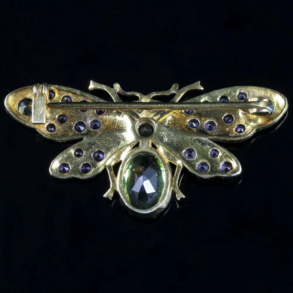Suffragette Butterfly Brooch Amethyst Peridot Diamond 18Ct Gold Silver