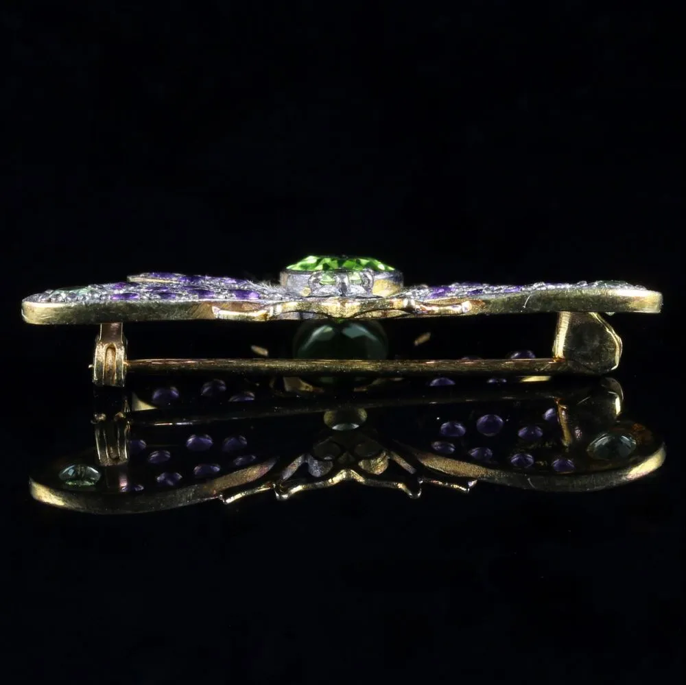 Suffragette Butterfly Brooch Amethyst Peridot Diamond 18Ct Gold Silver