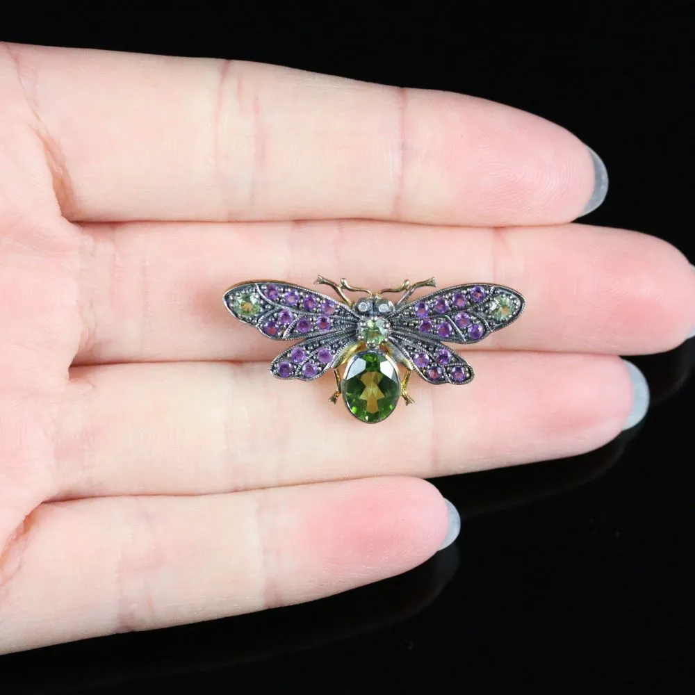 Suffragette Butterfly Brooch Amethyst Peridot Diamond 18Ct Gold Silver