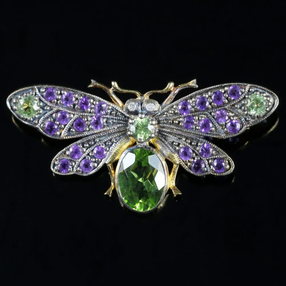 Suffragette Butterfly Brooch Amethyst Peridot Diamond 18Ct Gold Silver