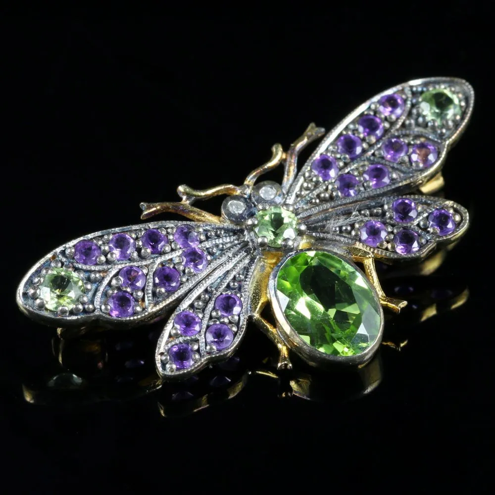 Suffragette Butterfly Brooch Amethyst Peridot Diamond 18Ct Gold Silver