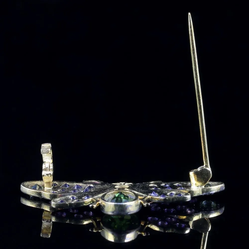 Suffragette Butterfly Brooch Amethyst Peridot Diamond 18Ct Gold Silver
