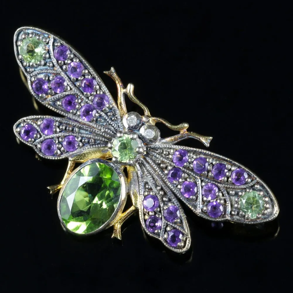 Suffragette Butterfly Brooch Amethyst Peridot Diamond 18Ct Gold Silver