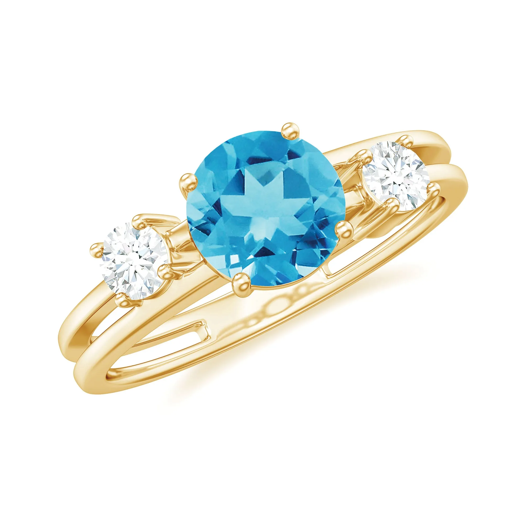 Swiss Blue Topaz Solitaire Double Band Ring with Diamond