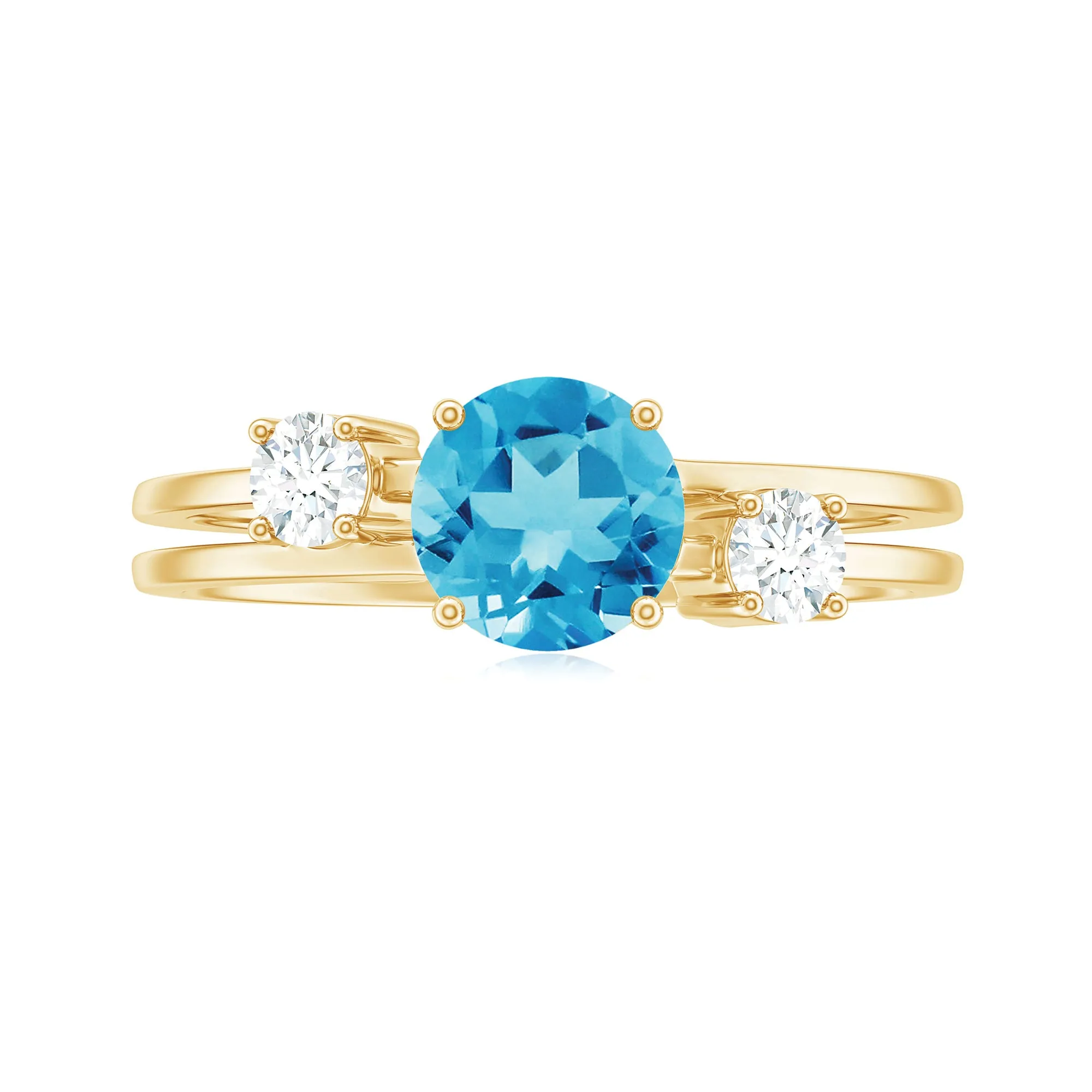 Swiss Blue Topaz Solitaire Double Band Ring with Diamond