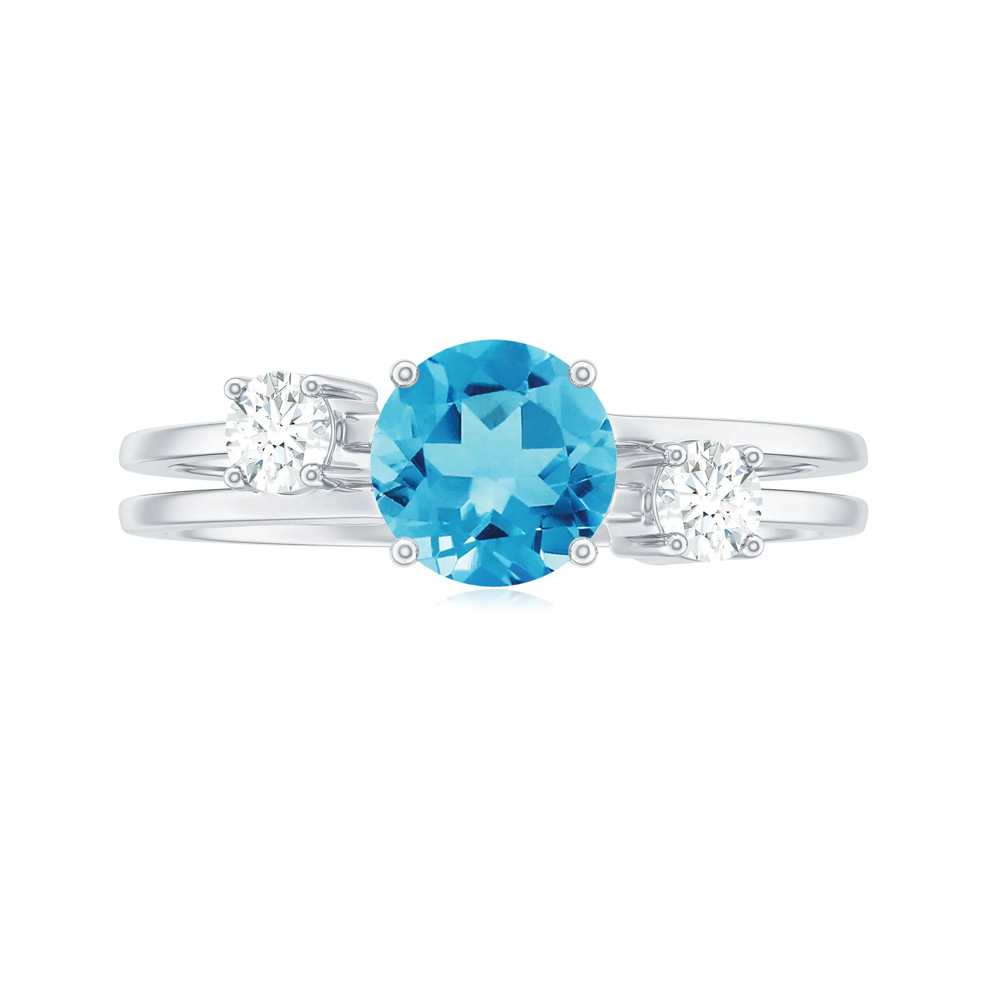 Swiss Blue Topaz Solitaire Double Band Ring with Diamond