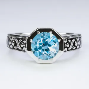 SWISS BLUE TOPAZ STERLING SILVER RING VINTAGE STYLE ROUND CUT ART DECO GEMSTONE