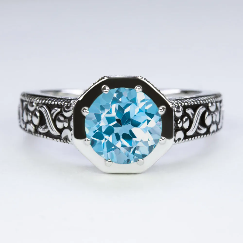 SWISS BLUE TOPAZ STERLING SILVER RING VINTAGE STYLE ROUND CUT ART DECO GEMSTONE