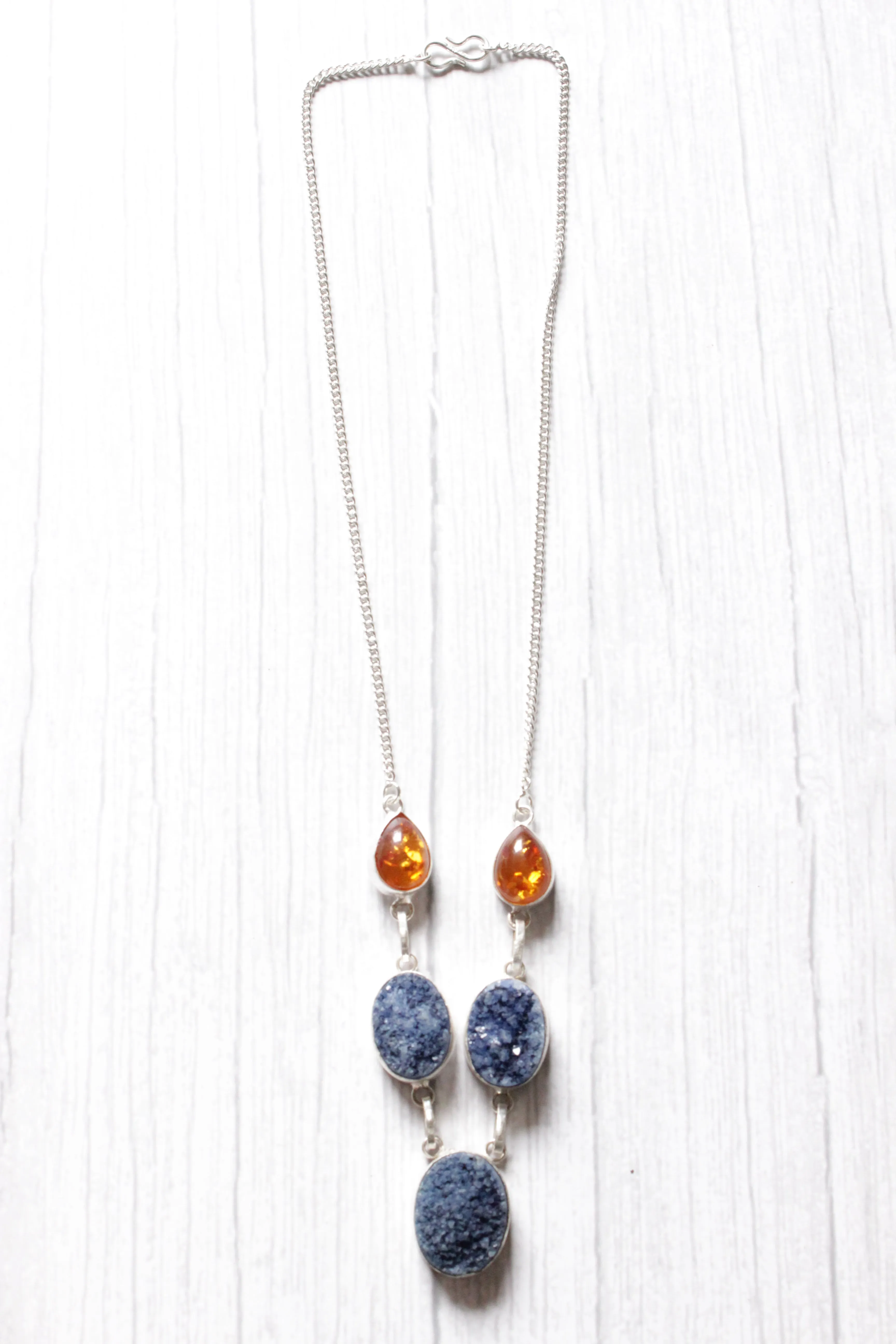 Titanium Druzy Amber Natural Gemstone Embedded Silver Plated Necklace