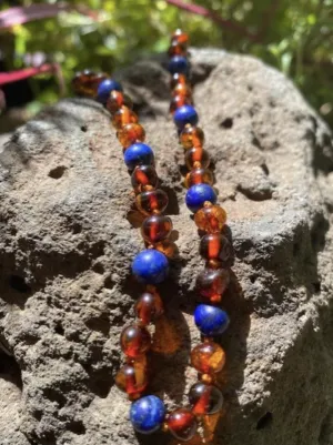 Toddler Amber Necklace; Lapis Lazuli & Cognac Amber - Amber House