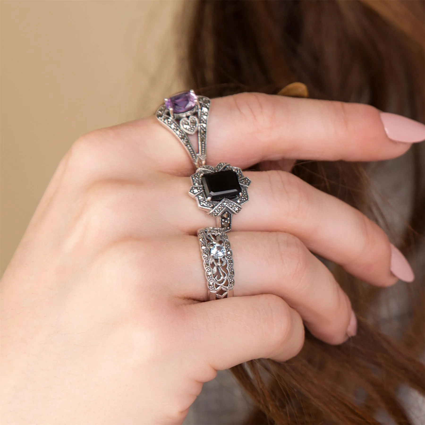 Topas Ring, Sterling Silber Blauer Topas & Markasit Simple Jugendstil Ring - Topas
