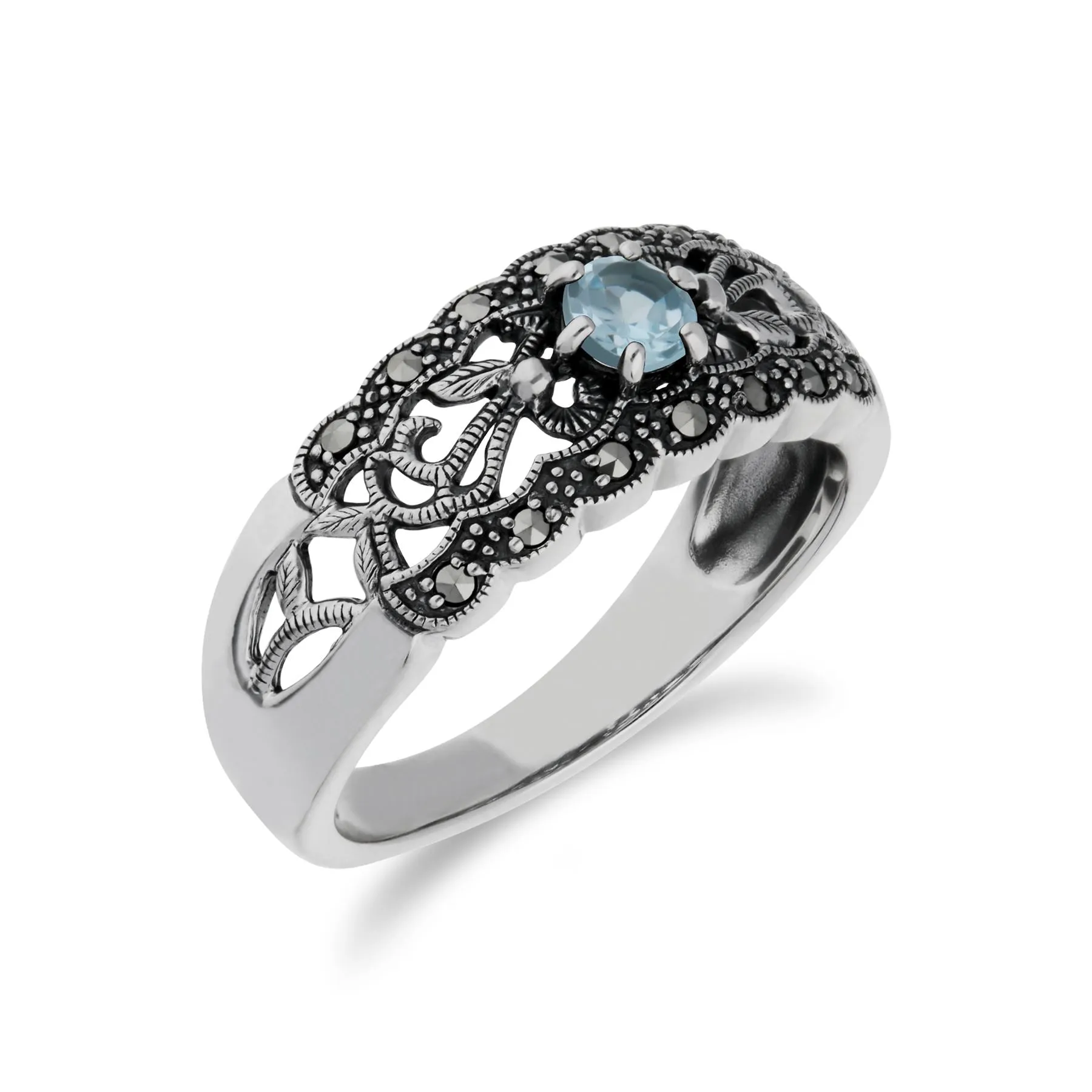 Topas Ring, Sterling Silber Blauer Topas & Markasit Simple Jugendstil Ring - Topas