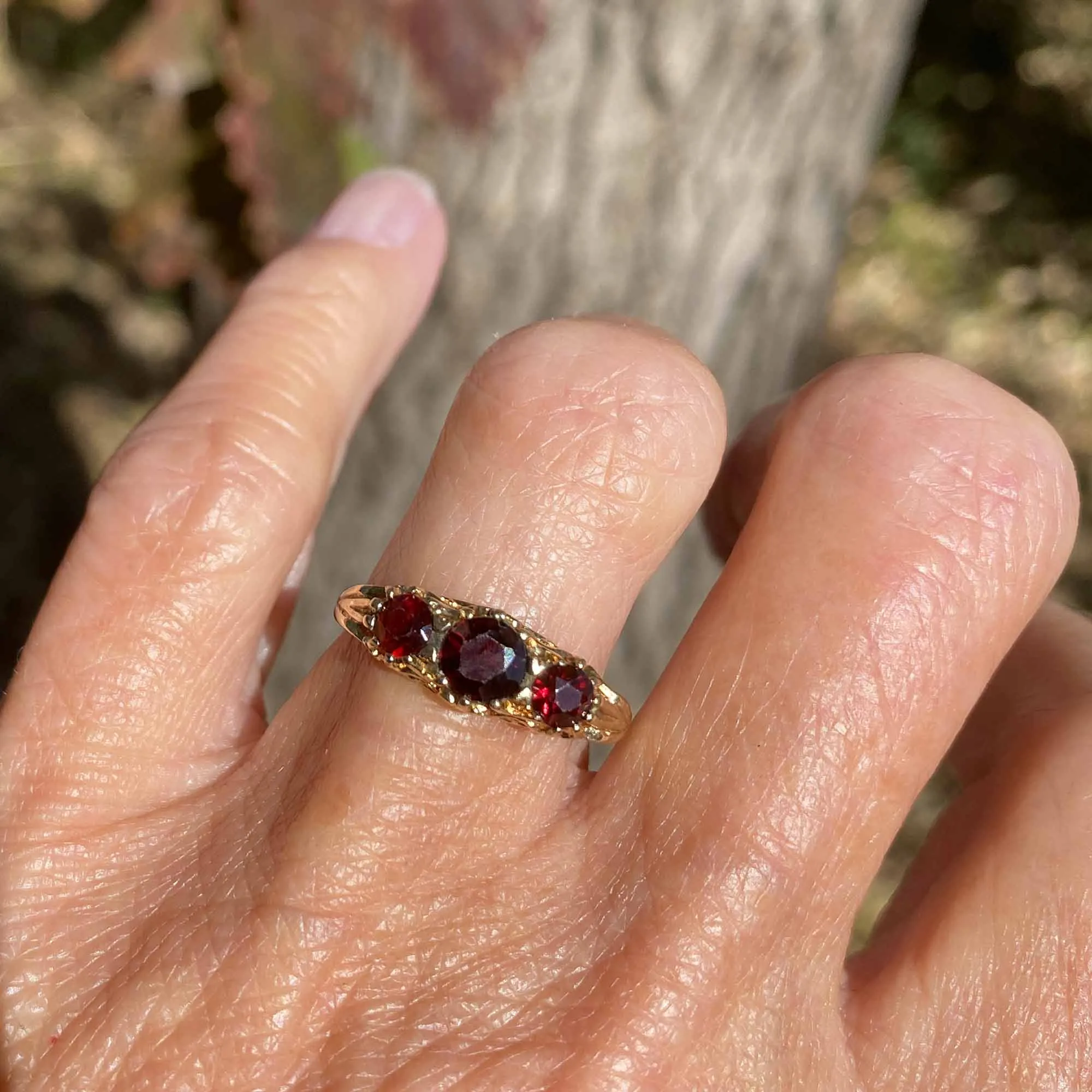 Victorian Style Three Stone Garnet Ring Band