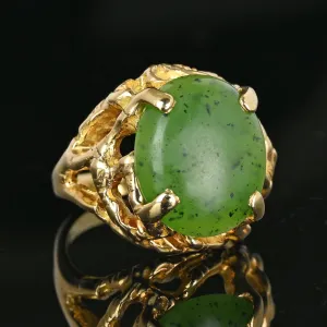 Vintage Heavy 18K Gold Brutalist Jade Ring