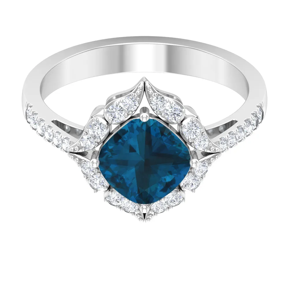Vintage Inspired London Blue Topaz and Diamond Engagement Ring