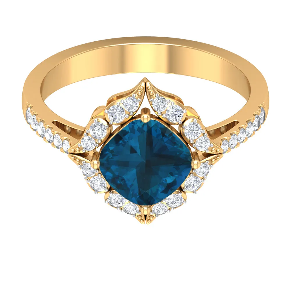 Vintage Inspired London Blue Topaz and Diamond Engagement Ring