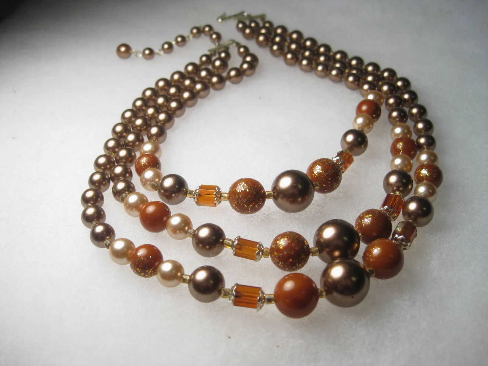 Vintage Mid-Century Multi-Strand Mocha Pearly & Amber Beaded Choker Necklace, Gold Fleck Accents, 14-16", extender Chain, signed Japan