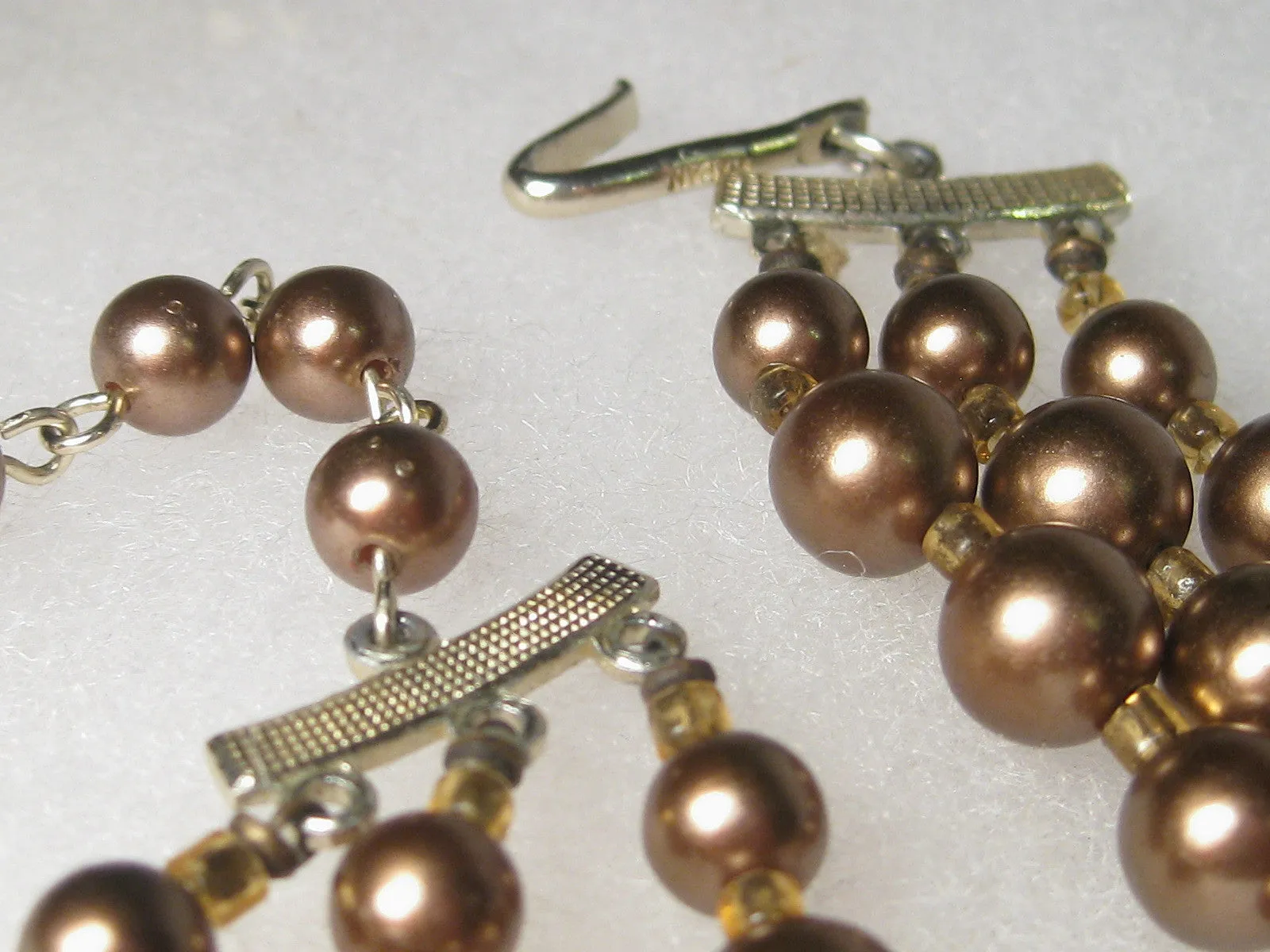 Vintage Mid-Century Multi-Strand Mocha Pearly & Amber Beaded Choker Necklace, Gold Fleck Accents, 14-16", extender Chain, signed Japan