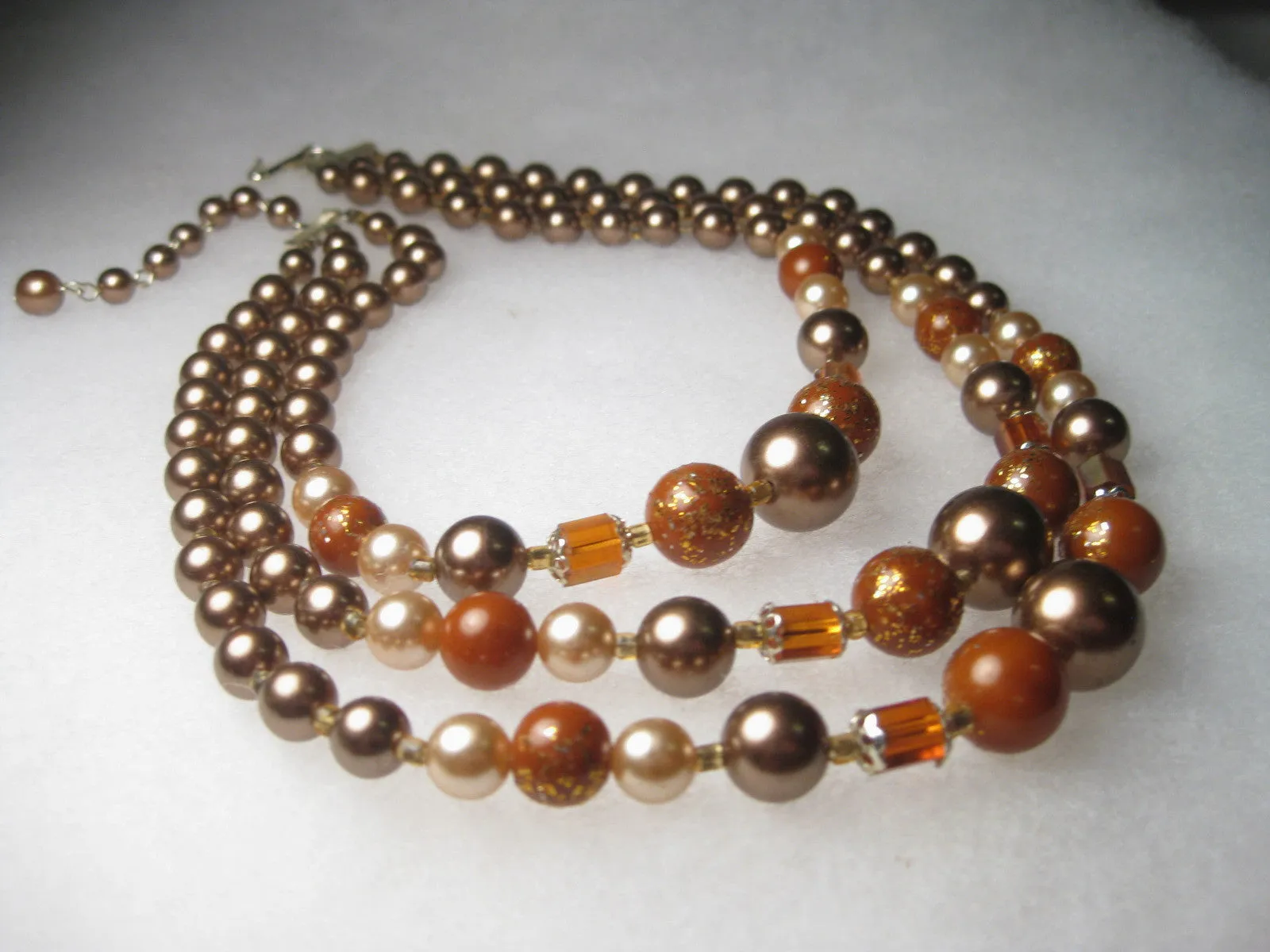Vintage Mid-Century Multi-Strand Mocha Pearly & Amber Beaded Choker Necklace, Gold Fleck Accents, 14-16", extender Chain, signed Japan