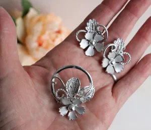 Vintage Midcentury Floral Brooch and Earrings Set