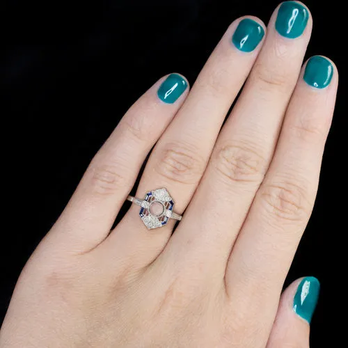 VINTAGE STYLE ART DECO BLUE SAPPHIRE DIAMOND ENGAGEMENT RING SETTING 14K CALIBRE