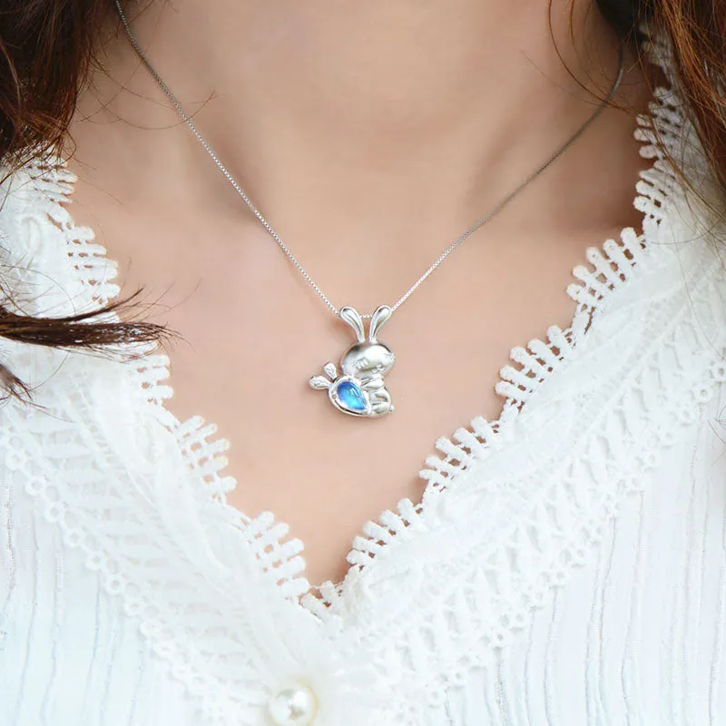 Womens Sterling Silver Moonstone Bunny Pendant Necklace June Birthstone Pendant Necklace