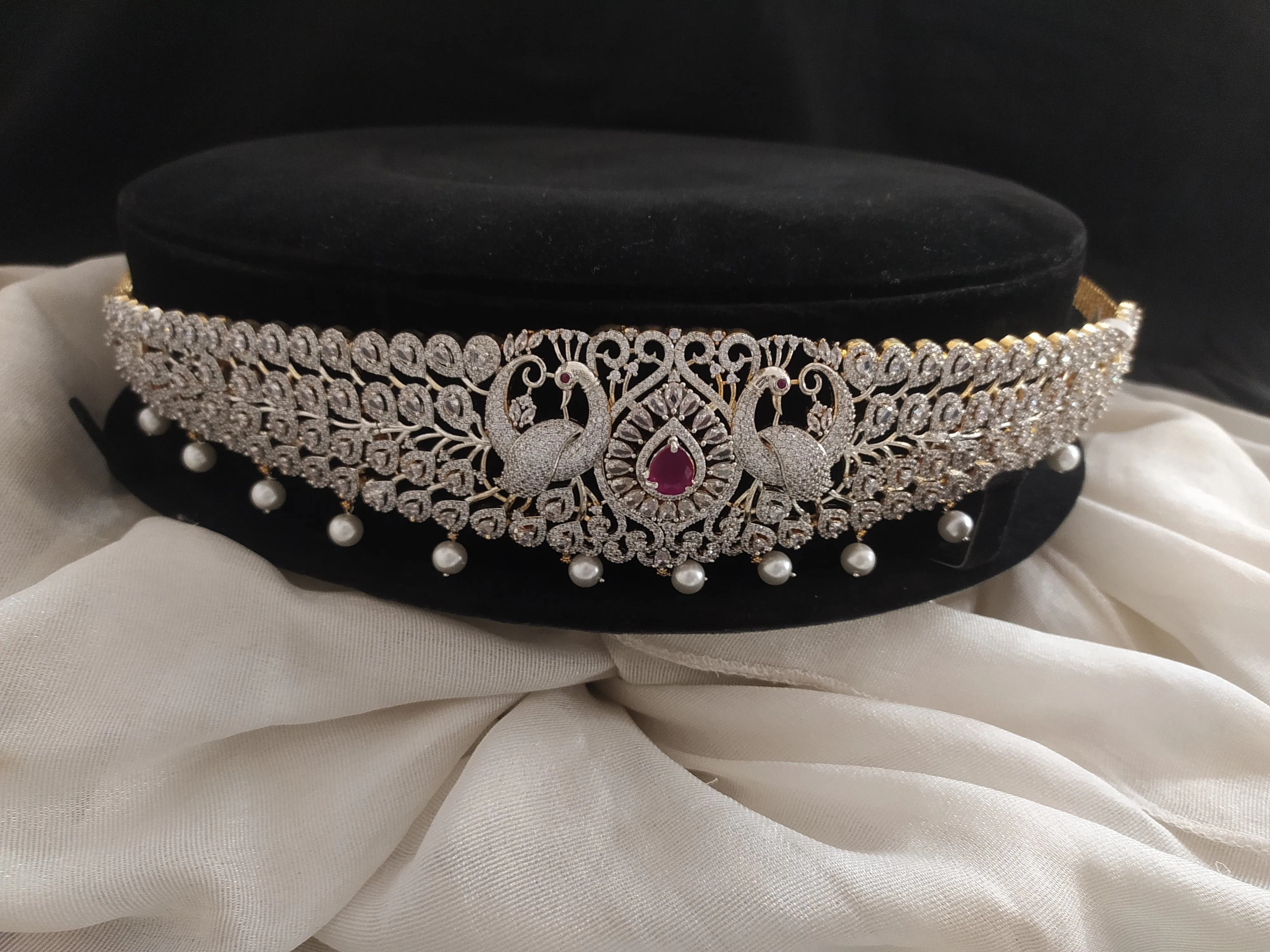 Zircon Hip belt with beautiful double peacock with real pearl